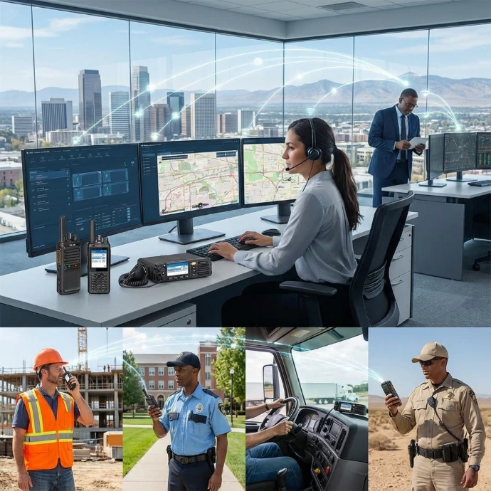 Team using rugged walkie‑talkies powered by Mobile Tornado PoC solutions