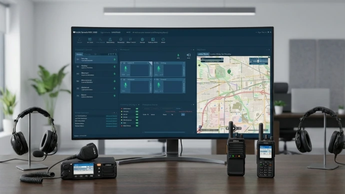 enterprise communication platform showing dispatch interface with GPS tracking and push-to-talk radios