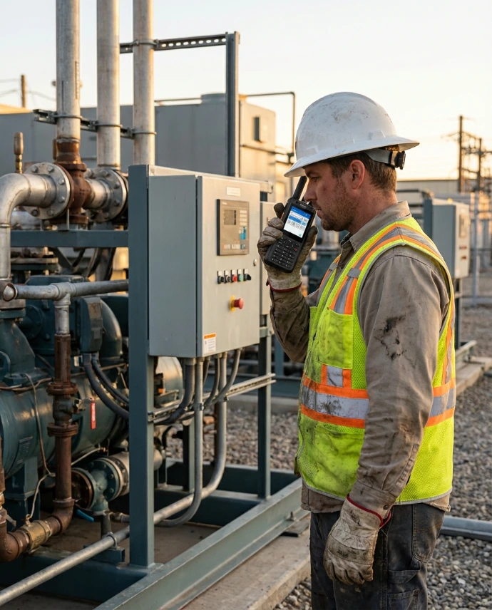 S380-Field Service / Utilities – Technician operating near machinery using a durable radio.