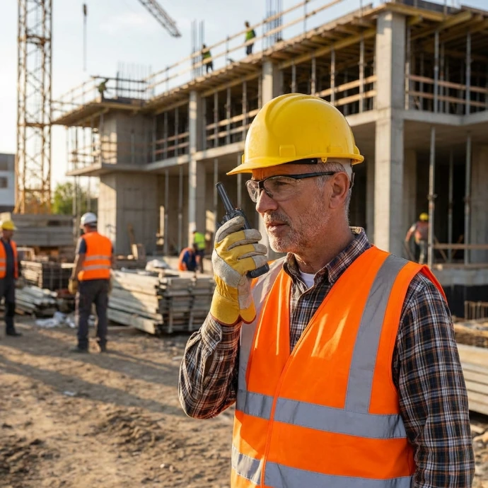 Construction supervisor using LTE PoC walkie‑talkie on site.