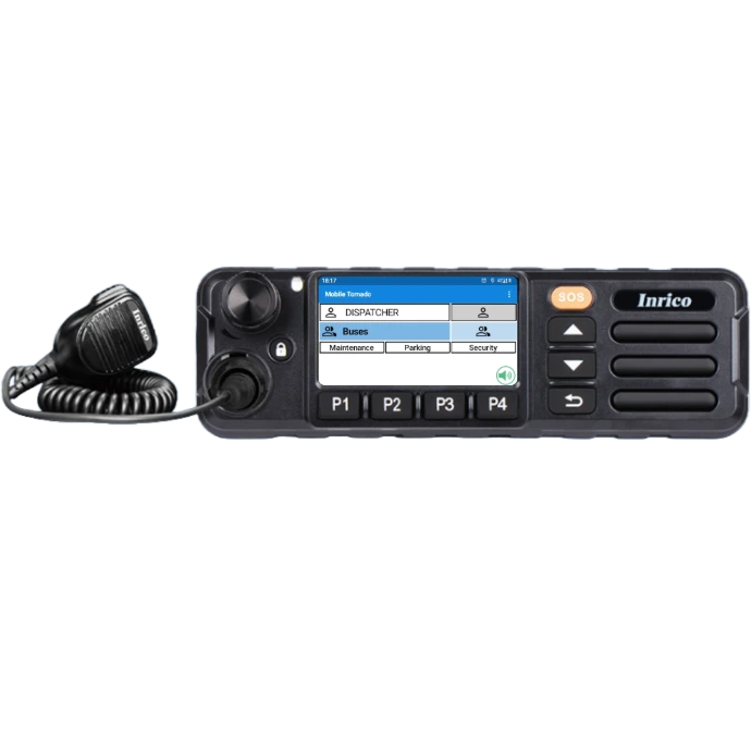 TM7‑Plus PoC radio and hand microphone used as in‑vehicle walkie‑talkie for clear push‑to‑talk communication.