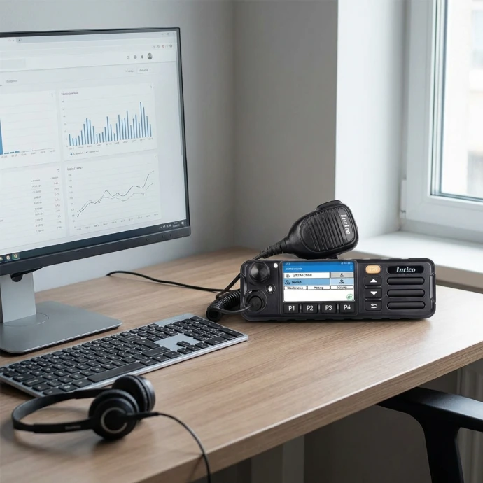 TM7‑Plus mobile PoC walkie‑talkie radio with microphone handset providing clear, hands‑free communication for drivers and dispatch teams nationwide.