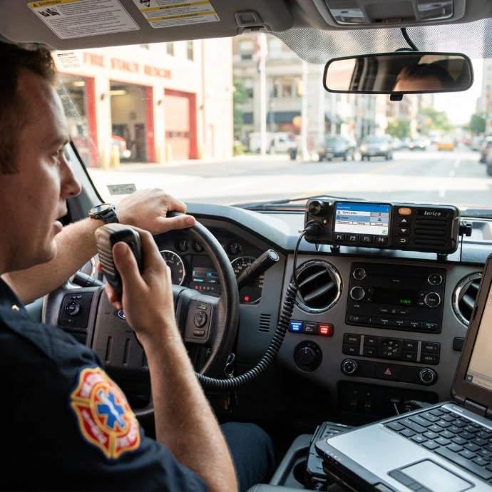 Public safety vehicles use the TM7‑Plus walkie‑talkie PoC radio for instant dispatch and mission‑critical voice communication.