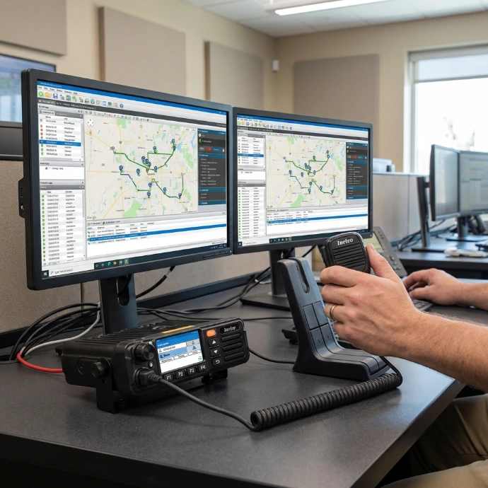 Dispatch operators use the TM7‑Plus walkie‑talkie PoC radio for real‑time fleet management and voice coordination.