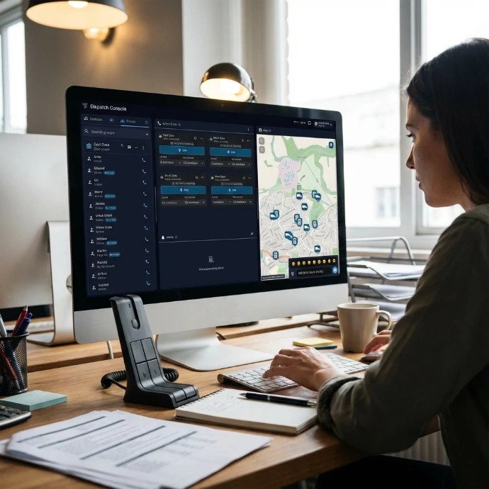 Fleet dispatch console coordinating drivers through PoC and walkie‑talkie radios with GPS tracking.