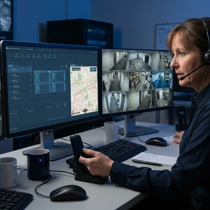 Security dispatch operator managing guards equipped with PoC radios and walkie‑talkies through the console.