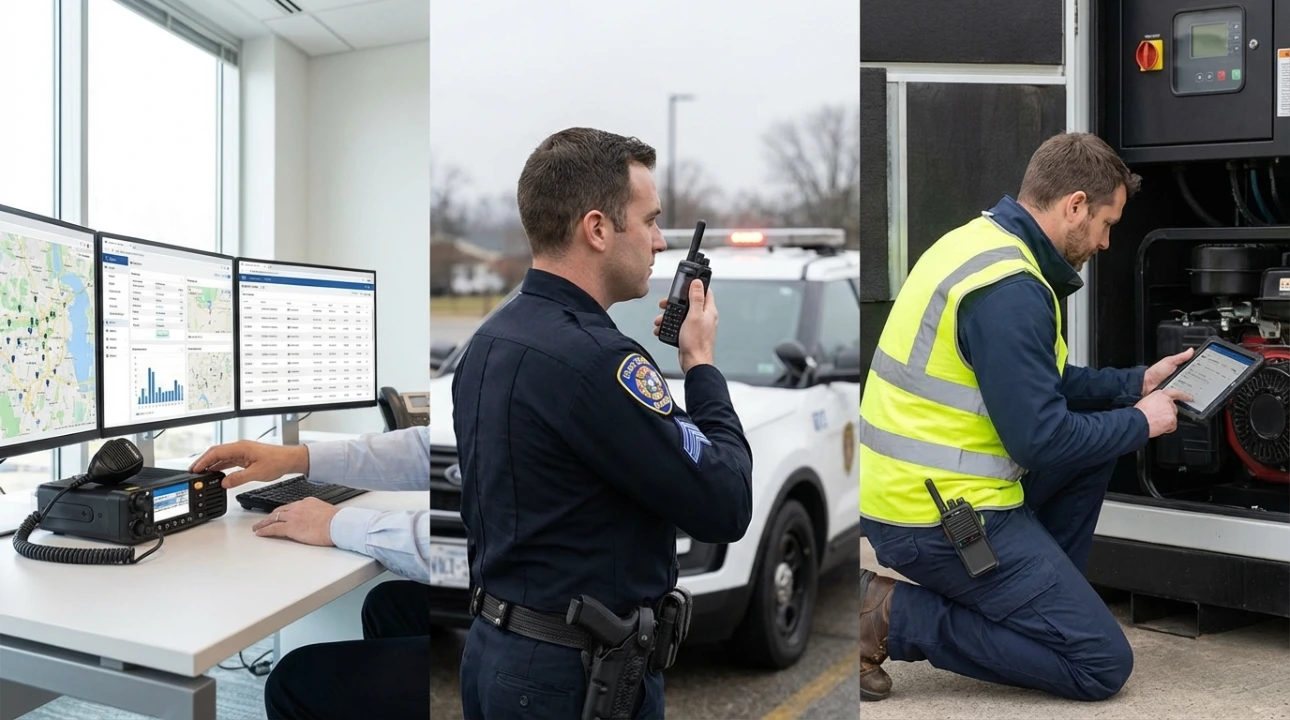 Dispatcher monitoring tornadocommader PoC Console on multi screen, security officer comminication by Push-to-talk Radio, and Tech using PoC Device for field Equitment inspection.