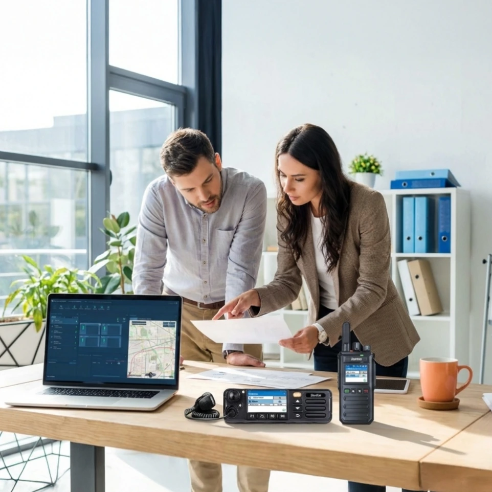 Business professionals reviewing deployment plans beside laptop displaying Moobile Tornado comander software and Poc Radiios showcasing push-to-talk technology.